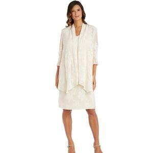 NEW R & M Richards Chiffon Lurex Jacket Shift Dress Ivory 2 Piece Set PETITE 8